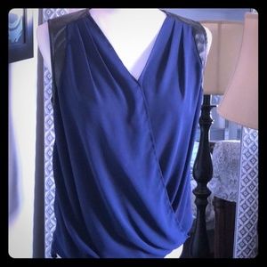 Blue & Faux Leather Draped Sleeveless Top Size M